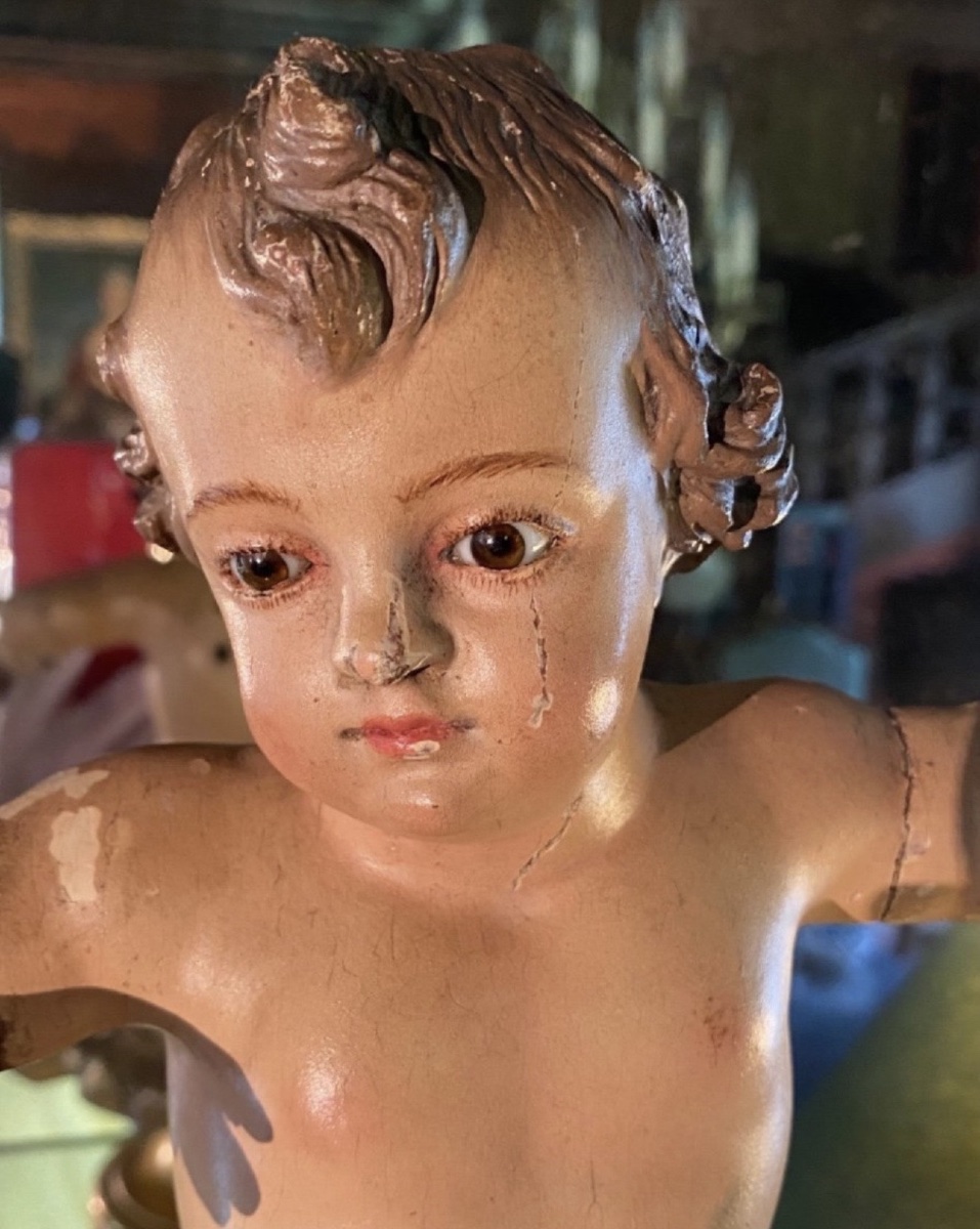 The Infant Jesus In Majesty On Silver Clouds, 18th-century Polychrome Wood-photo-2