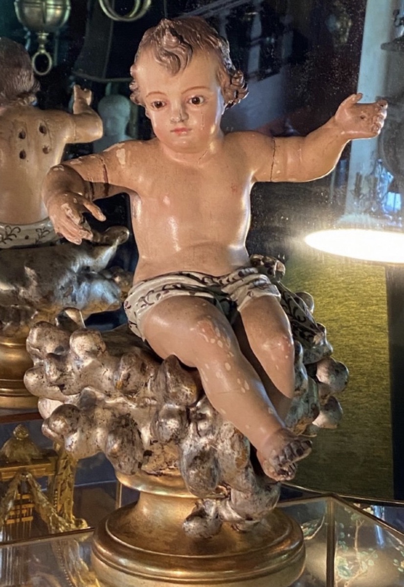 The Infant Jesus In Majesty On Silver Clouds, 18th-century Polychrome Wood