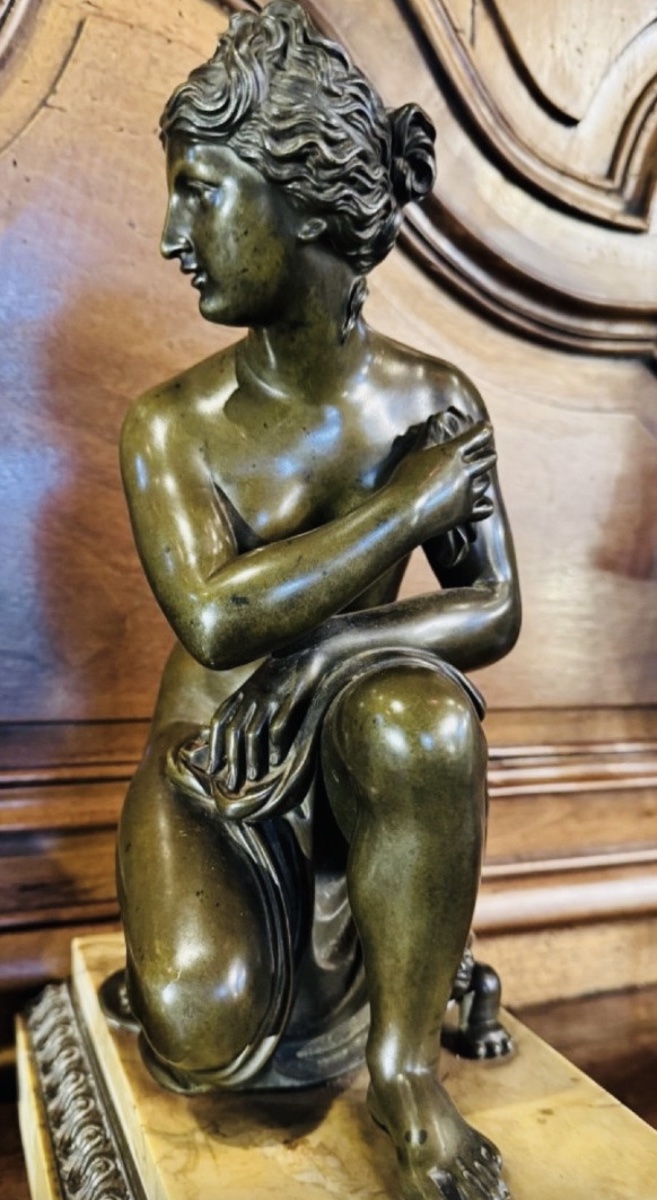 LA VÉNUS ACCROUPIE À LA TORTUE, ÉLÉGANT BRONZE NÉOCLASSIQUE DU XIXᵉ SIÈCLE-photo-1