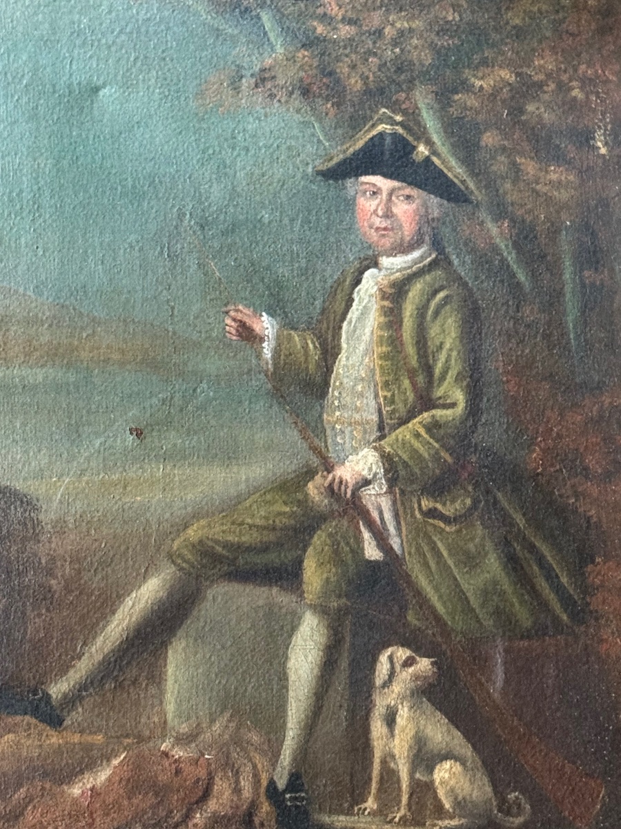 Portrait Of A Gentleman Hunter With His Rifle And Dog, Oil On Canvas, Louis XV Period, -photo-3
