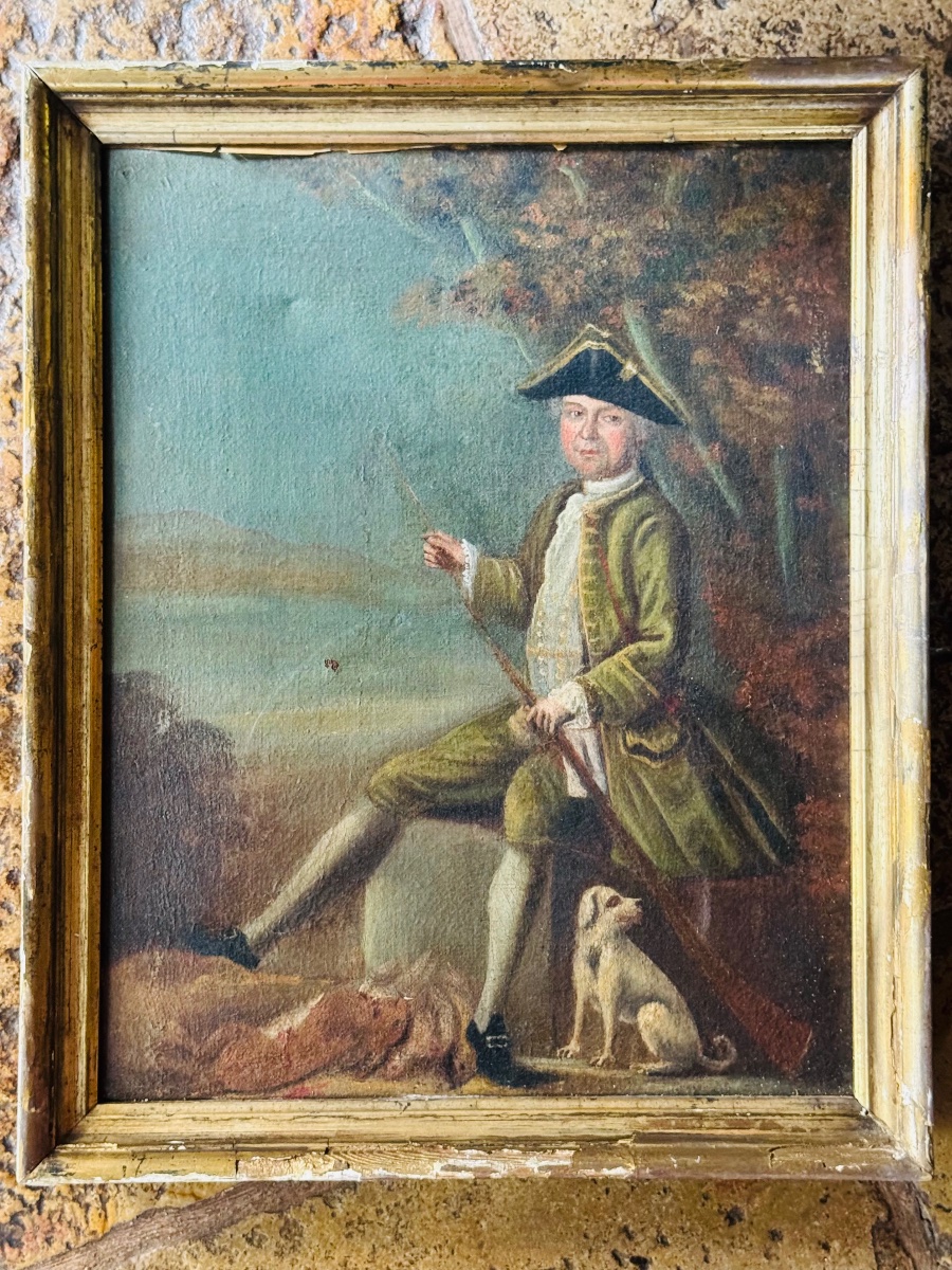 Portrait Of A Gentleman Hunter With His Rifle And Dog, Oil On Canvas, Louis XV Period, 