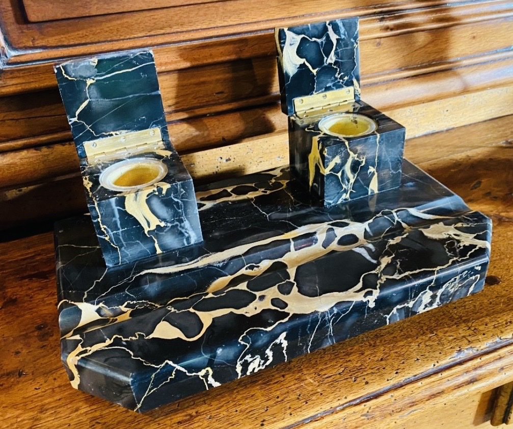Art Deco Double Inkstand In Portor Marble – Circa 1930-photo-3