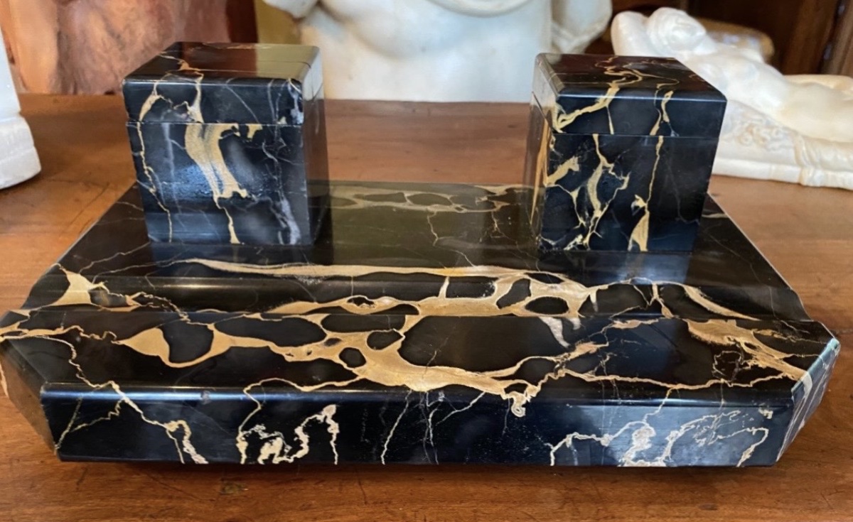 Art Deco Double Inkstand In Portor Marble – Circa 1930-photo-2