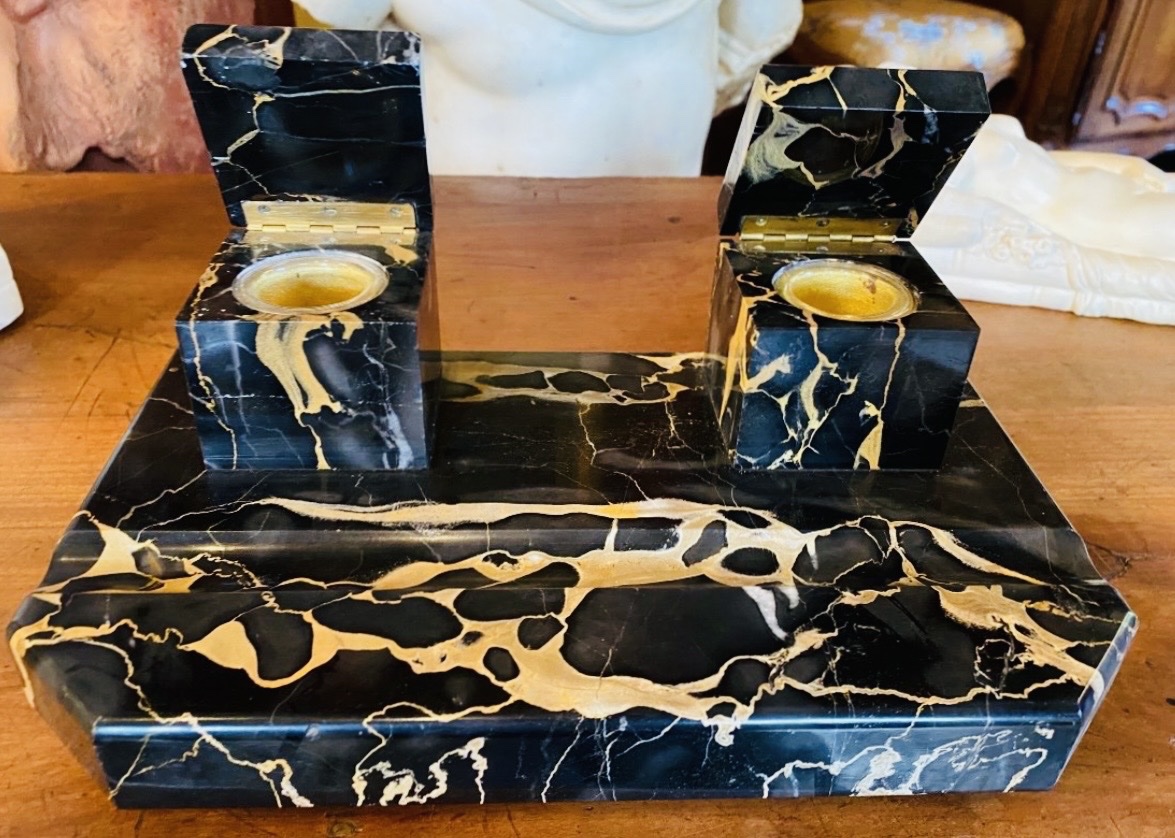 Art Deco Double Inkstand In Portor Marble – Circa 1930
