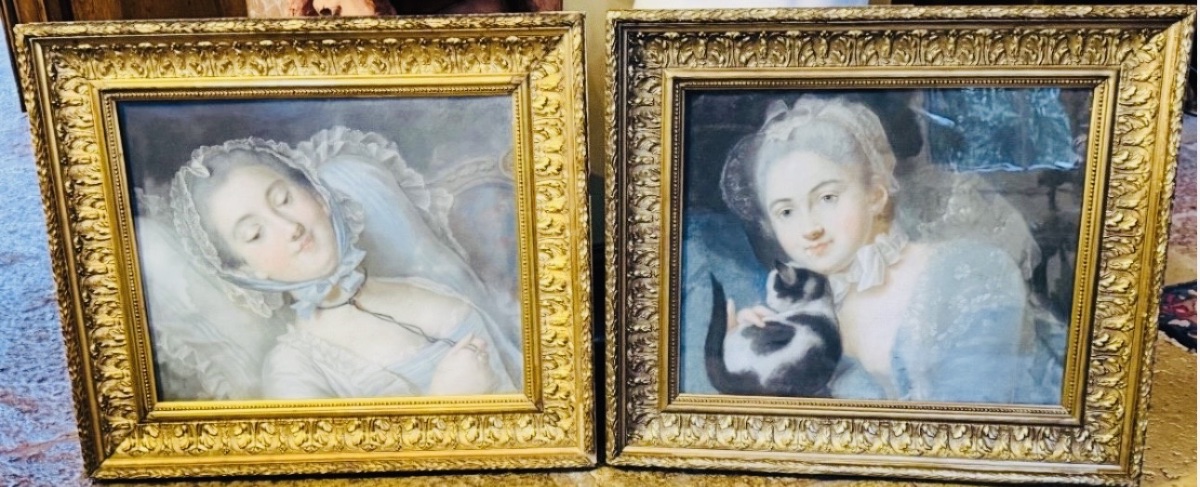 PAIRE DE PASTELS ROMANTIQUES AUX JEUNES FEMMES, ÉPOQUE XIX® SIÈCLE-photo-2