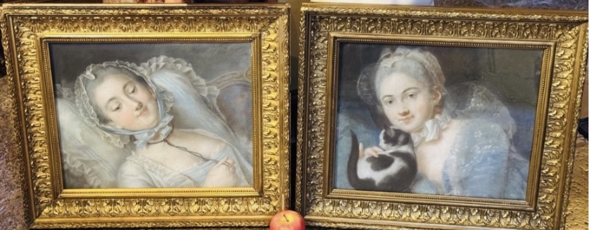 PAIRE DE PASTELS ROMANTIQUES AUX JEUNES FEMMES, ÉPOQUE XIX® SIÈCLE-photo-6