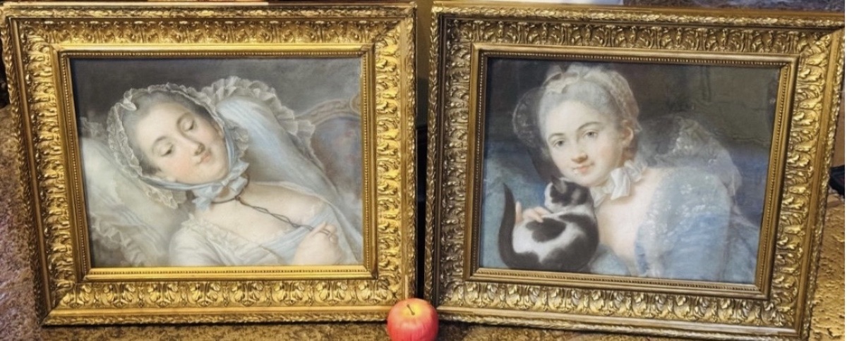PAIRE DE PASTELS ROMANTIQUES AUX JEUNES FEMMES, ÉPOQUE XIX® SIÈCLE-photo-8