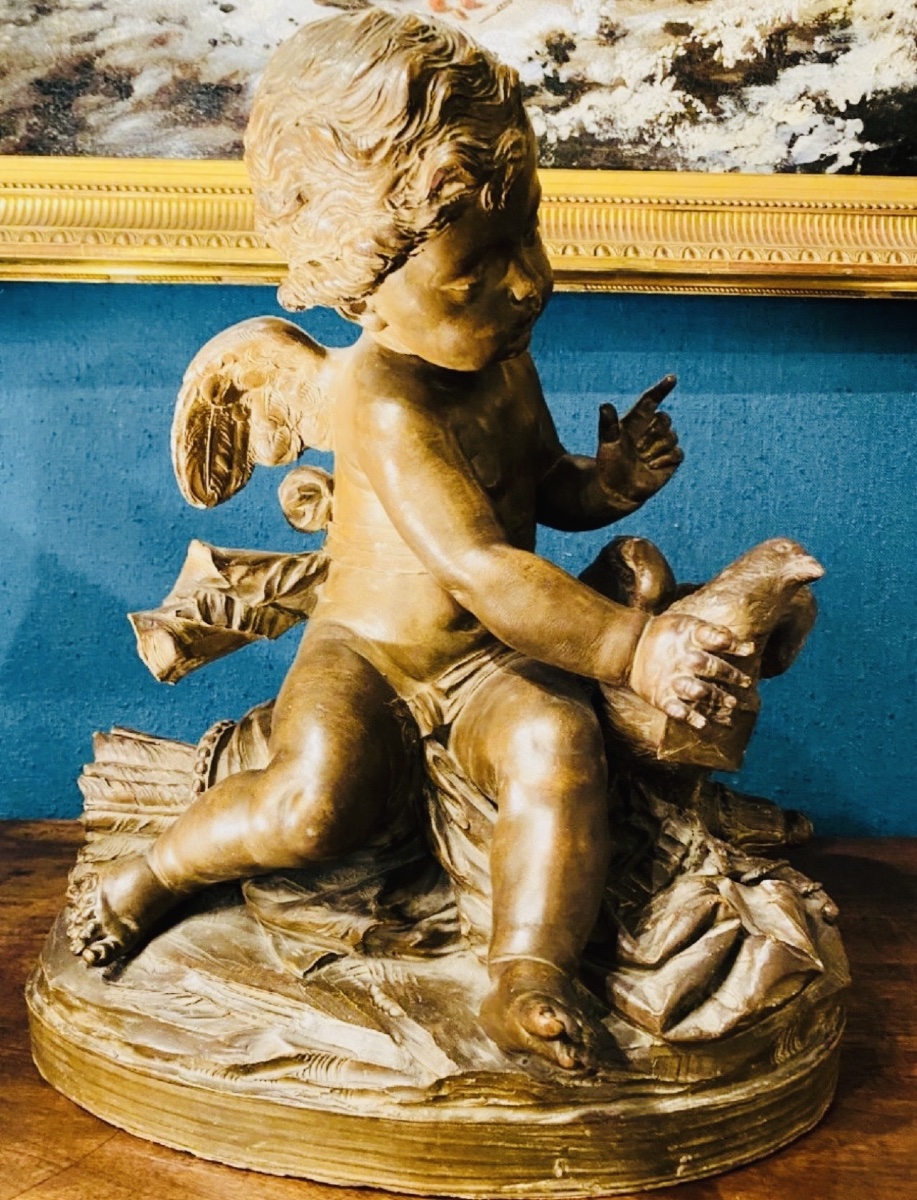 L'AMOUR AUX COLOMBES - GRANDE TERRE CUITE PATINÉE DU XIXe SIÈCLE-photo-2