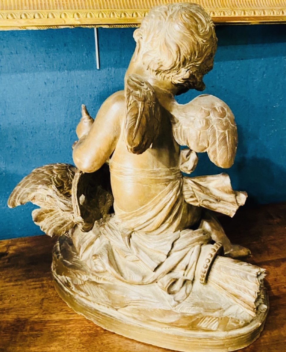 L'AMOUR AUX COLOMBES - GRANDE TERRE CUITE PATINÉE DU XIXe SIÈCLE-photo-3