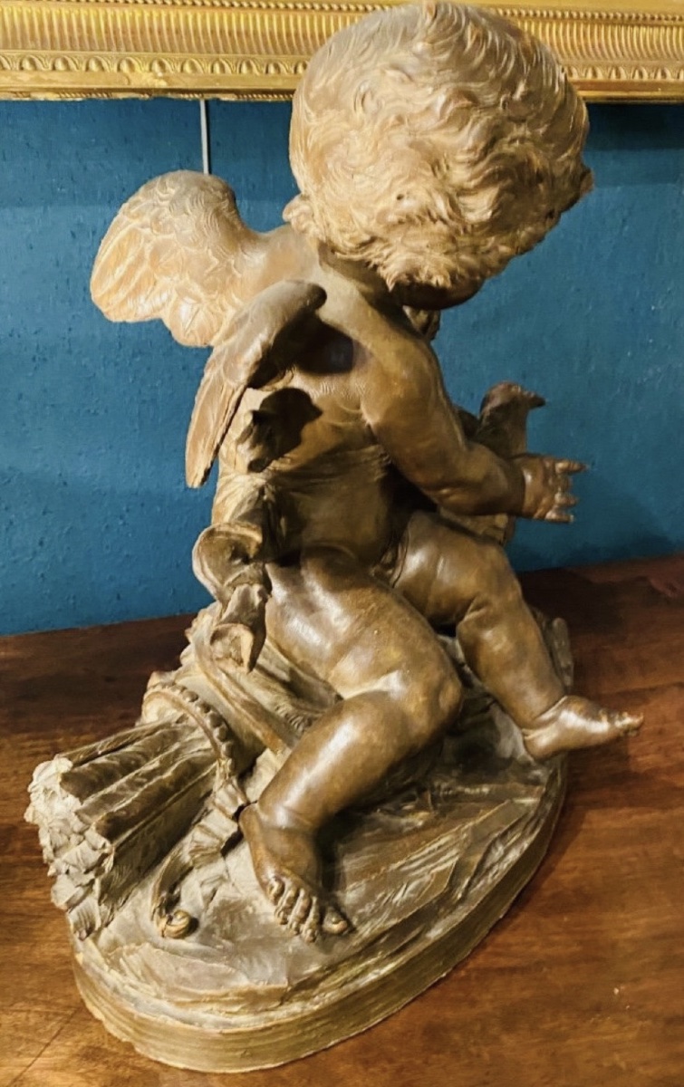 L'AMOUR AUX COLOMBES - GRANDE TERRE CUITE PATINÉE DU XIXe SIÈCLE-photo-5