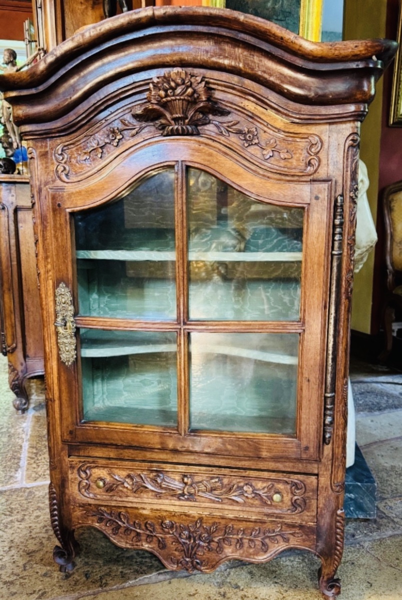 Regional Display Cabinet Made Of Carved Walnut, With Floral Decoration—19th Century