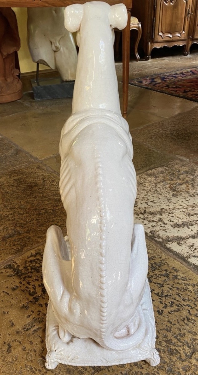Large Seated Dog In A Crackled Earthenware Sculpture, Italy, Circa 1950 – Art Deco Style-photo-1