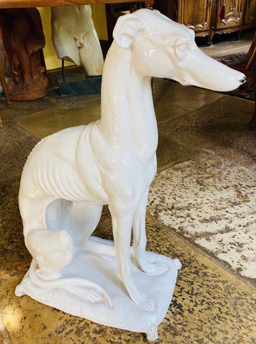 Large Seated Dog In A Crackled Earthenware Sculpture, Italy, Circa 1950 – Art Deco Style-photo-2