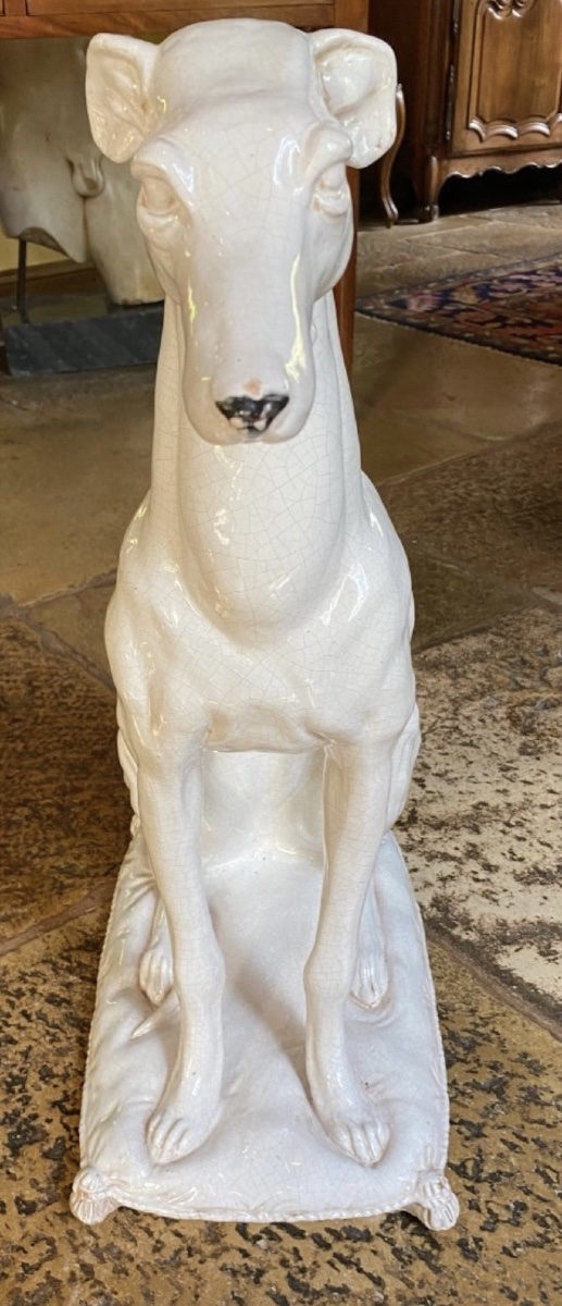Large Seated Dog In A Crackled Earthenware Sculpture, Italy, Circa 1950 – Art Deco Style-photo-3