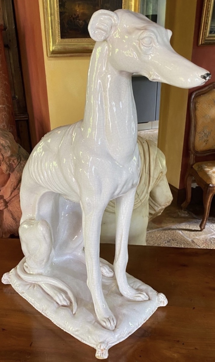 Large Seated Dog In A Crackled Earthenware Sculpture, Italy, Circa 1950 – Art Deco Style-photo-8