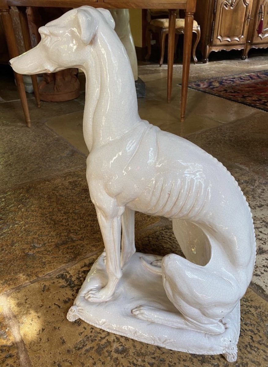 Large Seated Dog In A Crackled Earthenware Sculpture, Italy, Circa 1950 – Art Deco Style
