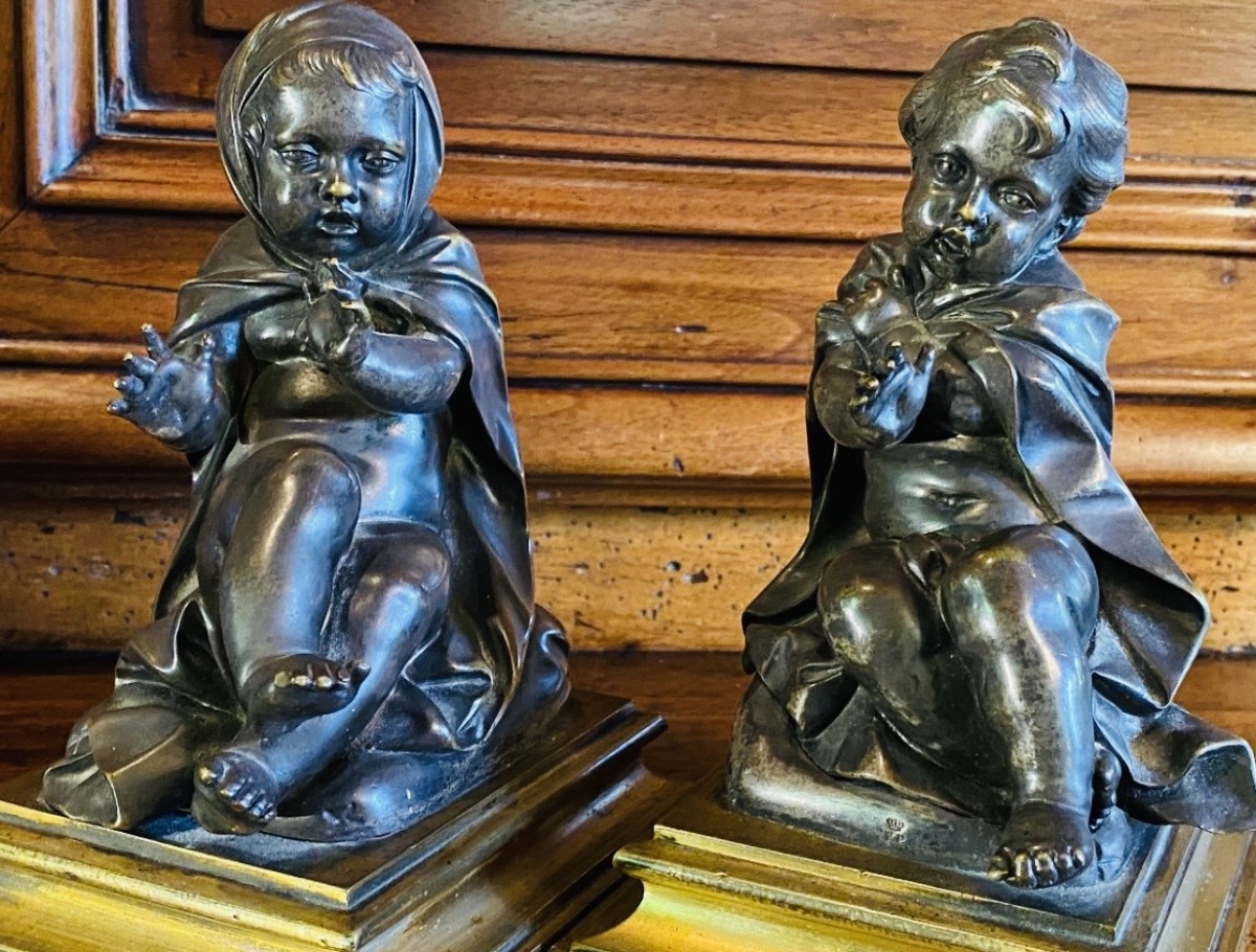 Paire d'enfants en bronze argenté - Allégorie de "'Hiver, époque Restauration-photo-2