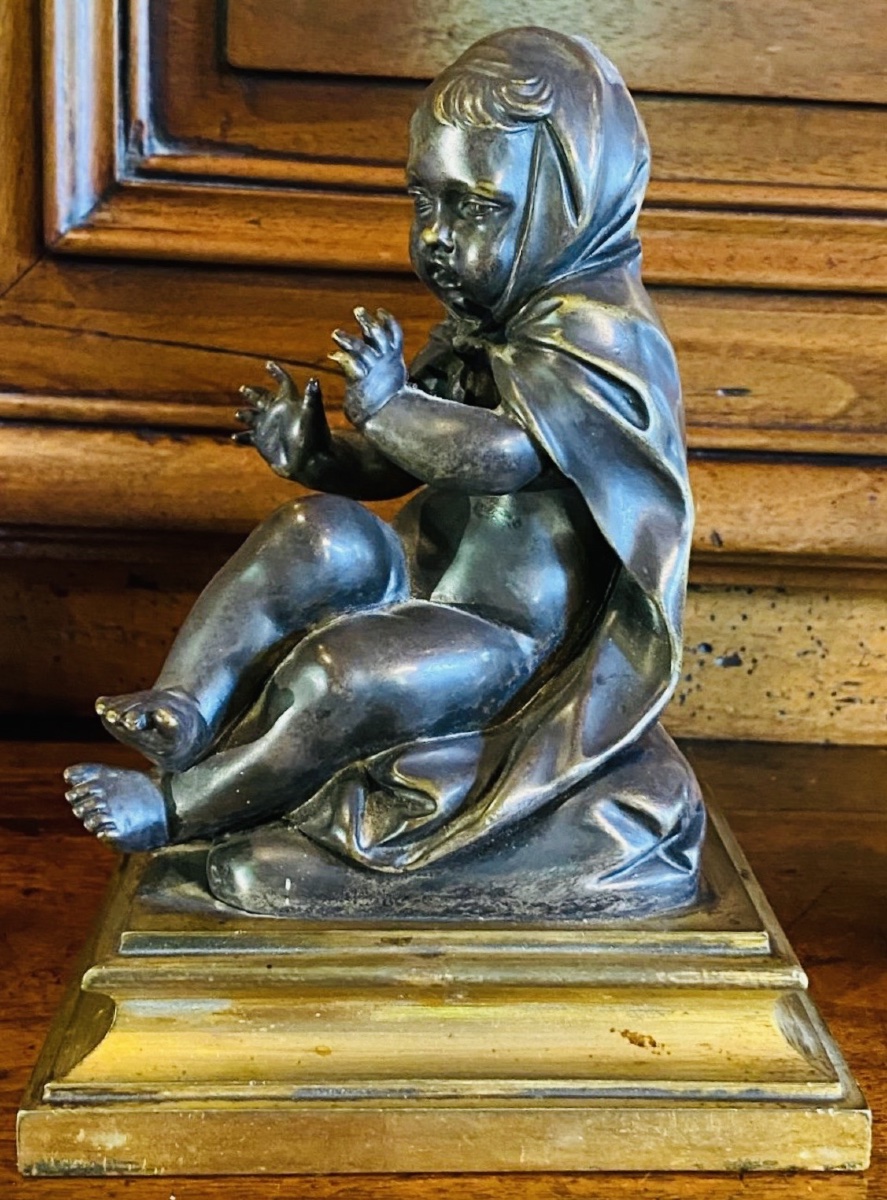 Paire d'enfants en bronze argenté - Allégorie de "'Hiver, époque Restauration-photo-2