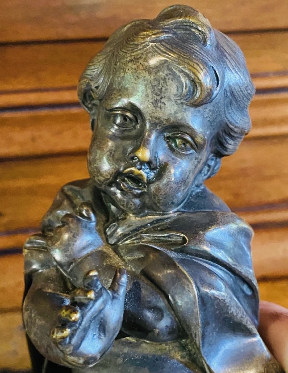 Paire d'enfants en bronze argenté - Allégorie de "'Hiver, époque Restauration-photo-6