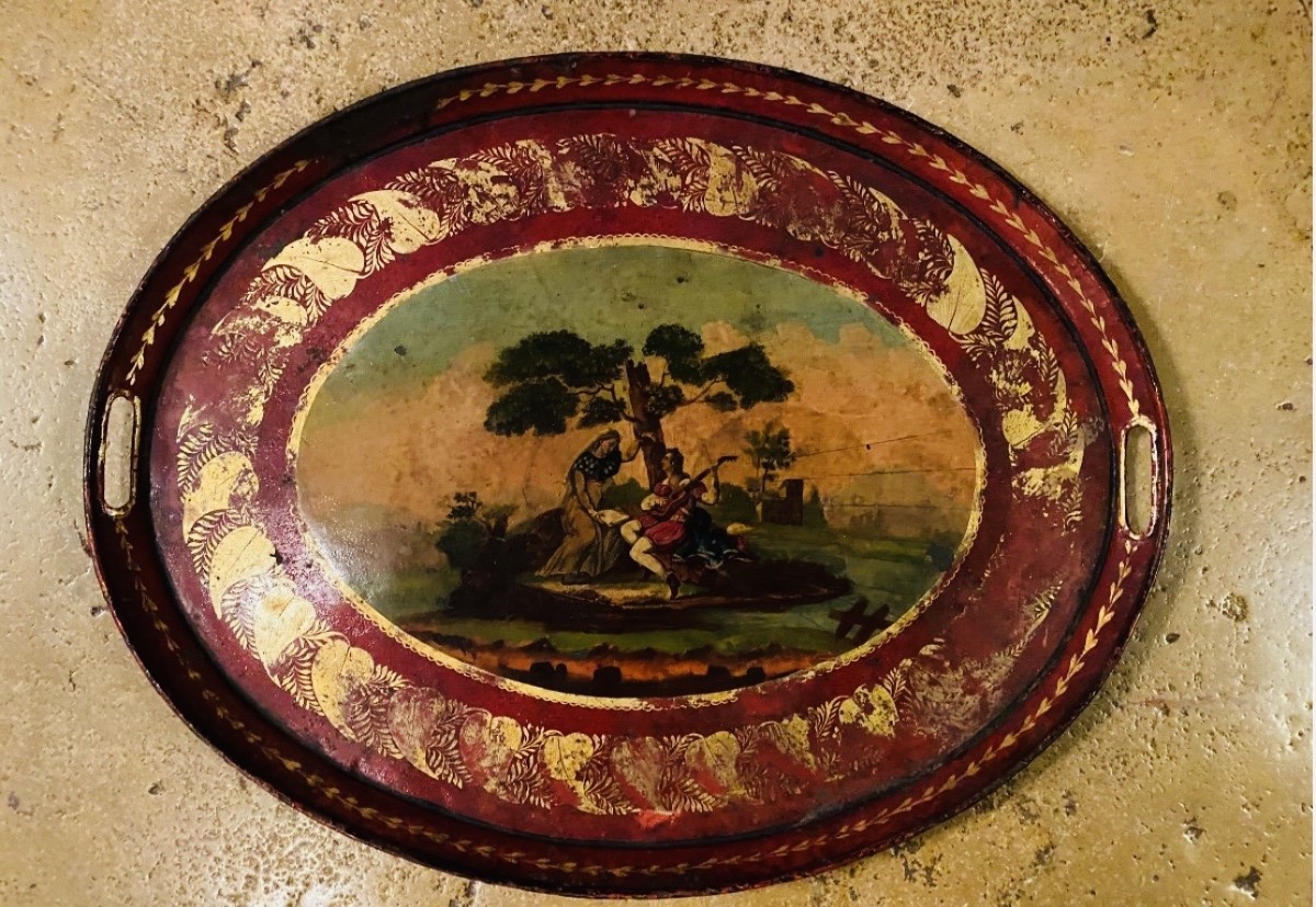 Romantic Painted Sheet Metal Tray From The 19th Century-photo-2