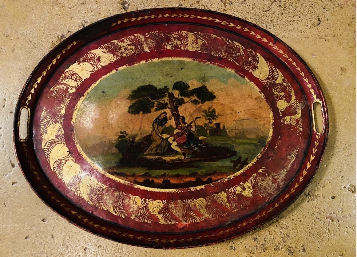 Romantic Painted Sheet Metal Tray From The 19th Century-photo-3