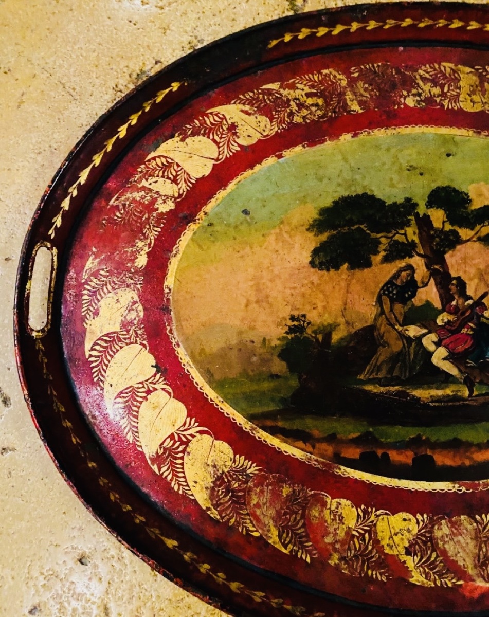 Romantic Painted Sheet Metal Tray From The 19th Century-photo-2