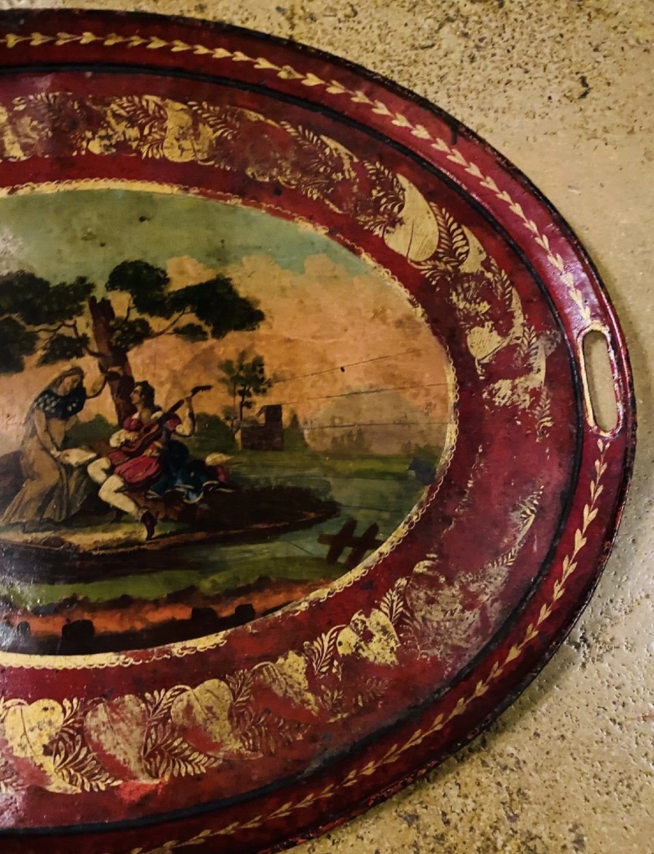 Romantic Painted Sheet Metal Tray From The 19th Century-photo-3