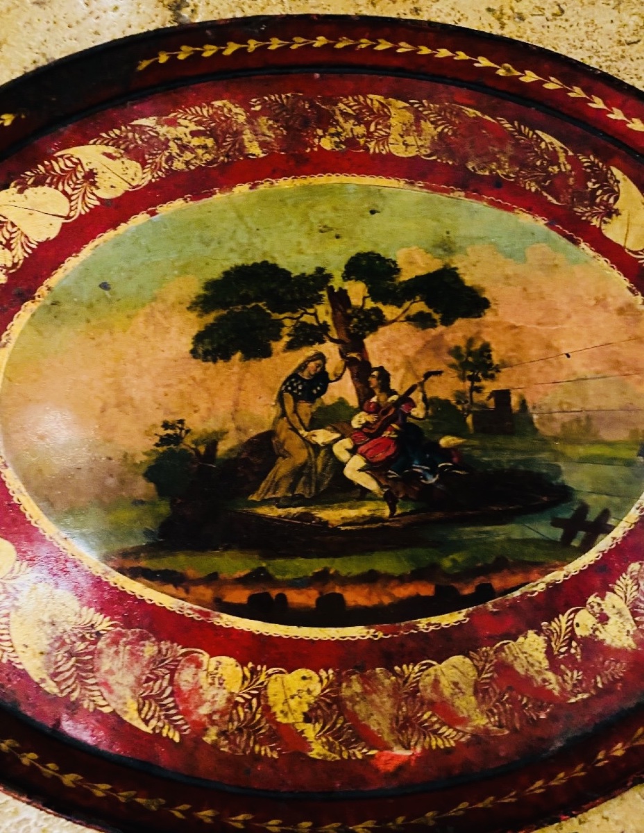 Romantic Painted Sheet Metal Tray From The 19th Century-photo-4