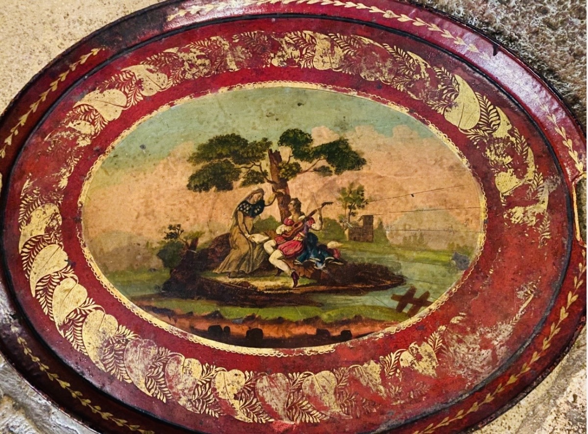 Romantic Painted Sheet Metal Tray From The 19th Century