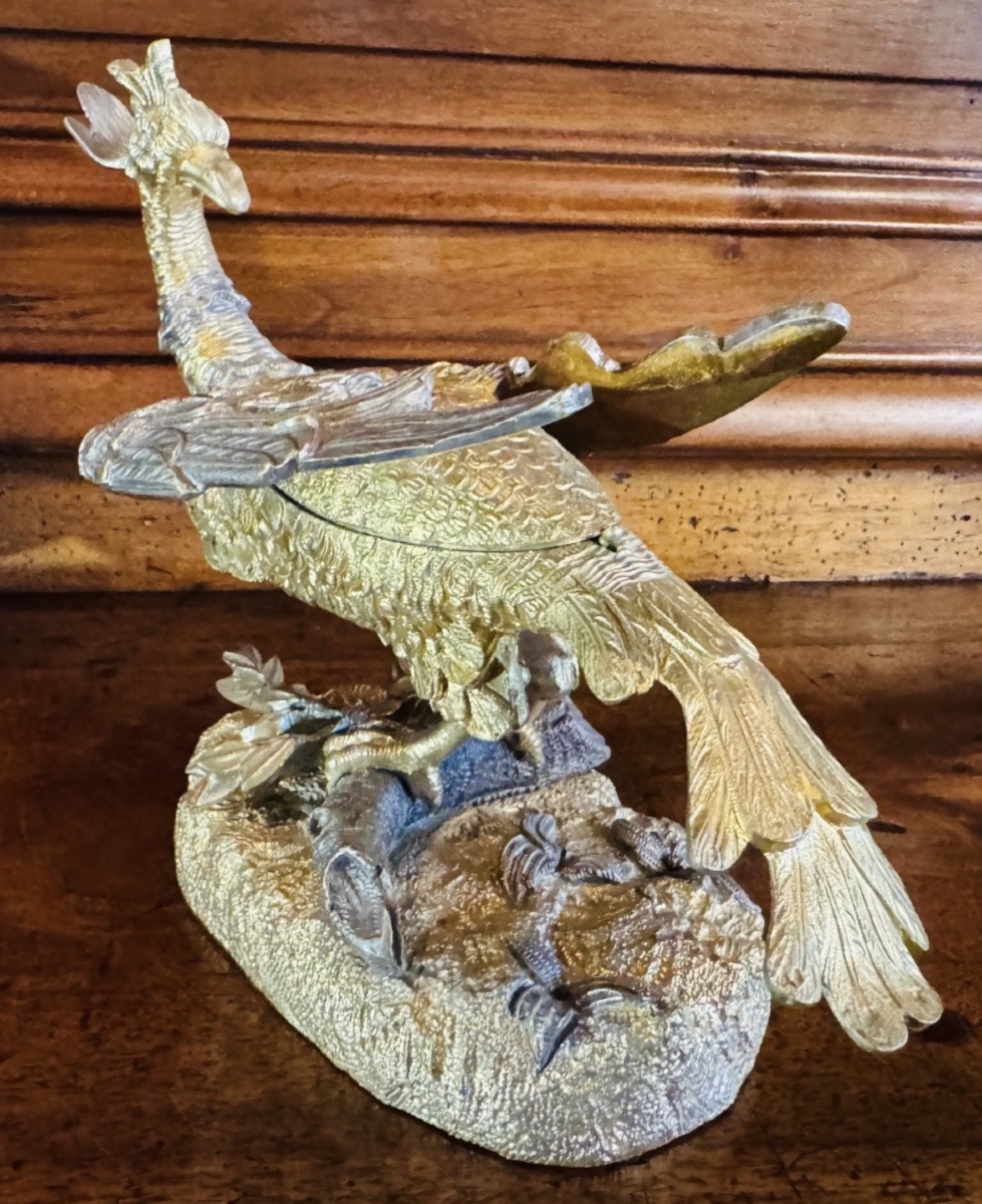 PHÉNIX EN BRONZE DORÉ ET ARGENTÉ FORMANT BAGUIER SECRET - ÉPOQUE NAPOLÉON III-photo-4
