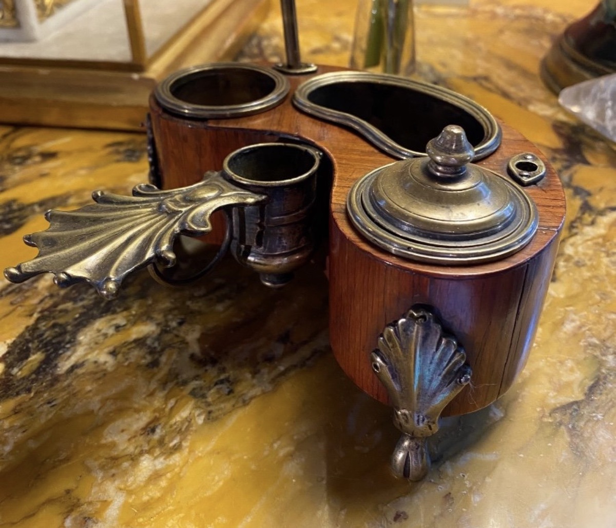 Vintage Louis XV-era Rosewood And Gilded Bronze Inkstand And Candlestick