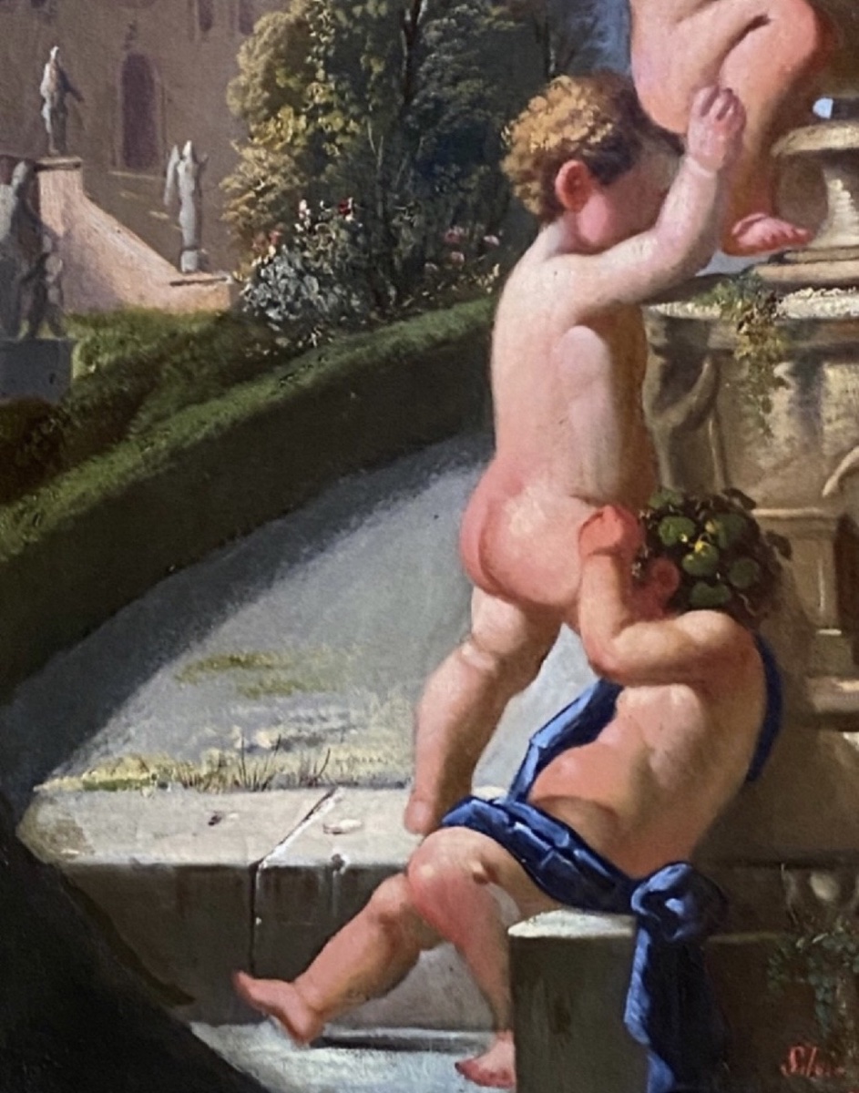 CAPRICE ITALIEN AUX PUTTI ET VASE MÉDICIS, HUILE SUR TOILE SIGNÉE ET DATÉE 1866-photo-3