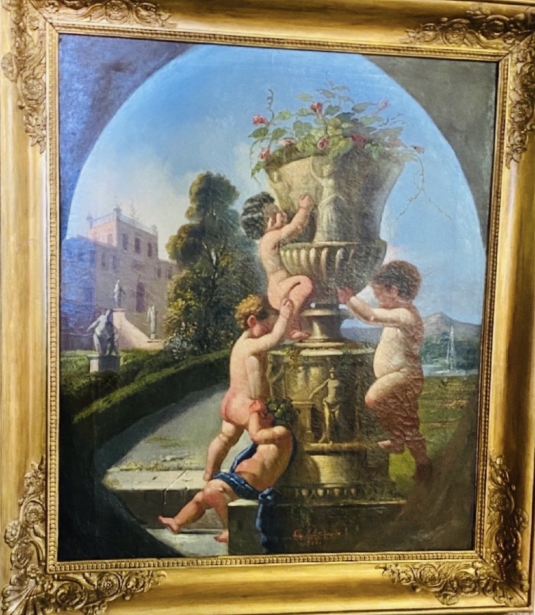 CAPRICE ITALIEN AUX PUTTI ET VASE MÉDICIS, HUILE SUR TOILE SIGNÉE ET DATÉE 1866-photo-4
