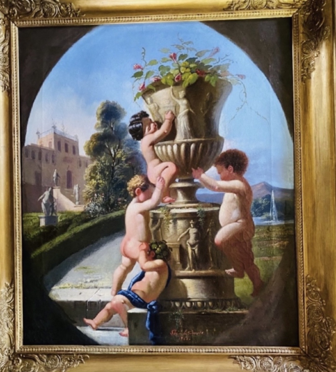CAPRICE ITALIEN AUX PUTTI ET VASE MÉDICIS, HUILE SUR TOILE SIGNÉE ET DATÉE 1866-photo-5