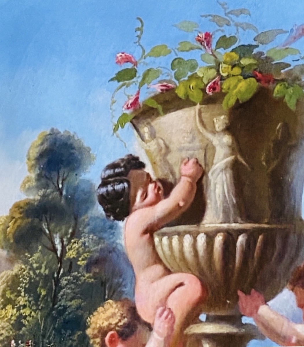 CAPRICE ITALIEN AUX PUTTI ET VASE MÉDICIS, HUILE SUR TOILE SIGNÉE ET DATÉE 1866-photo-7