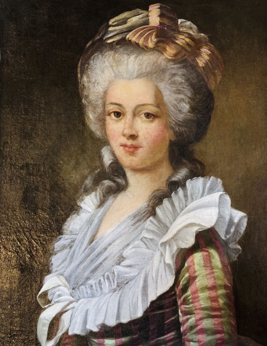 PÉRIODE RÉVOLUTIONNAIRE, GRAND PORTRAIT DE DAME DE QUALITÉ EN ROBE À LA FRANÇAISE DU XVIII EME-photo-2