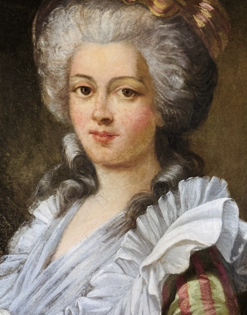 PÉRIODE RÉVOLUTIONNAIRE, GRAND PORTRAIT DE DAME DE QUALITÉ EN ROBE À LA FRANÇAISE DU XVIII EME-photo-3