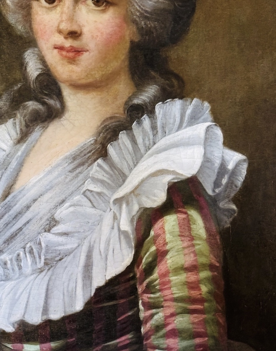 PÉRIODE RÉVOLUTIONNAIRE, GRAND PORTRAIT DE DAME DE QUALITÉ EN ROBE À LA FRANÇAISE DU XVIII EME-photo-5