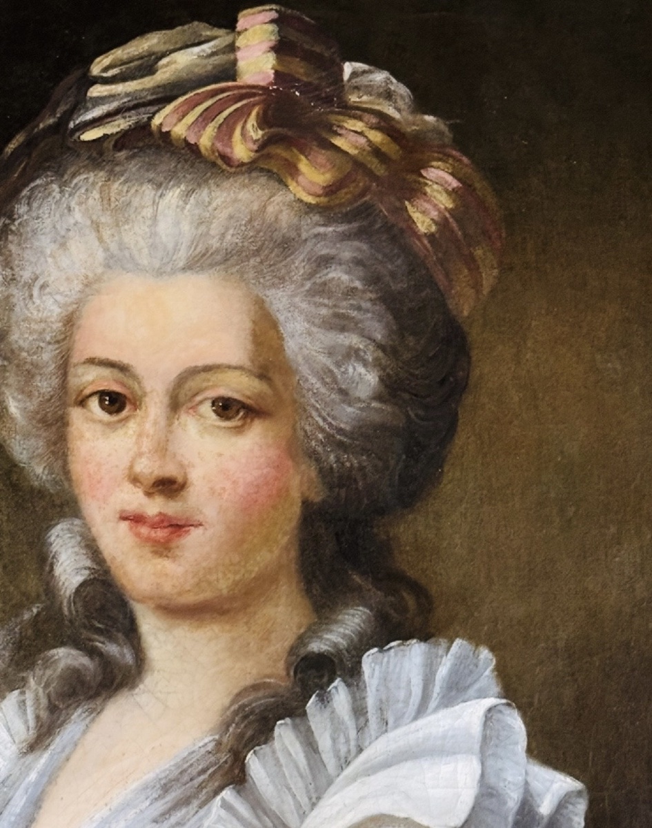 PÉRIODE RÉVOLUTIONNAIRE, GRAND PORTRAIT DE DAME DE QUALITÉ EN ROBE À LA FRANÇAISE DU XVIII EME-photo-6