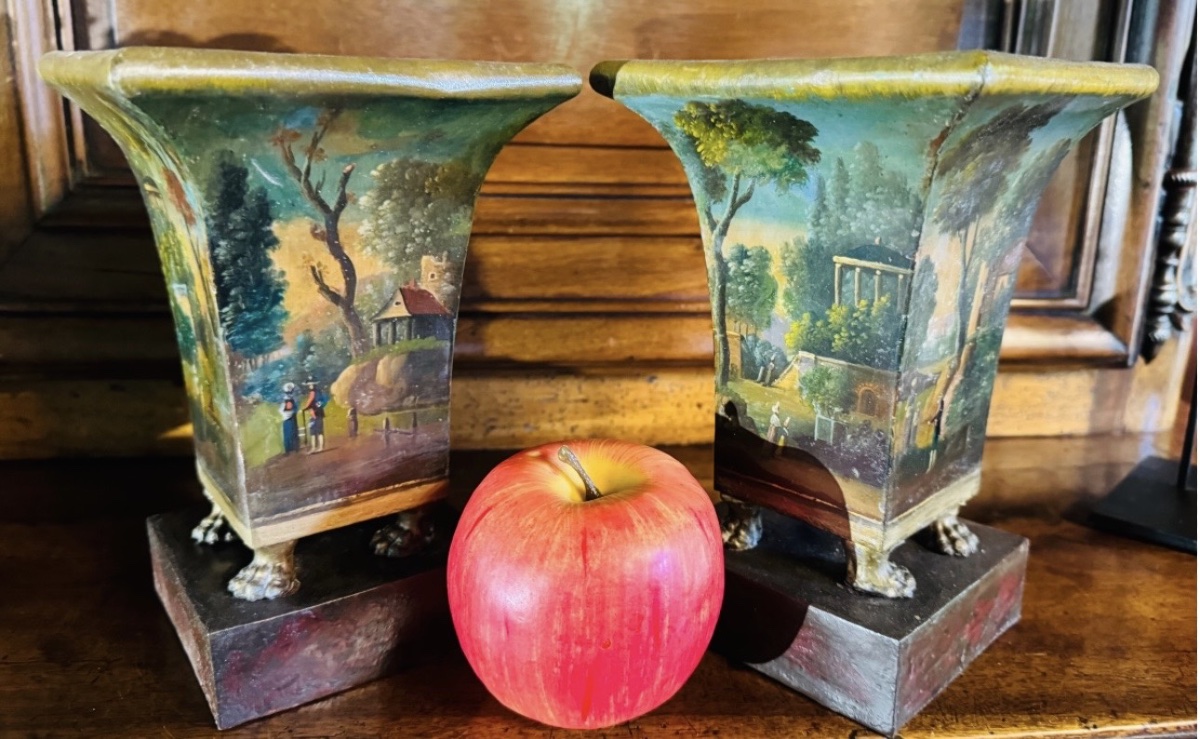 PAIRE DE VASES CORNETS EN TÔLE PEINTE DU XIX EME SIÈCLE-photo-5