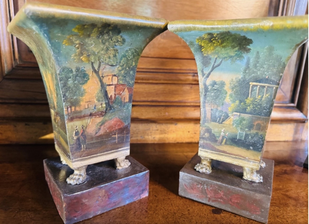 PAIRE DE VASES CORNETS EN TÔLE PEINTE DU XIX EME SIÈCLE-photo-6