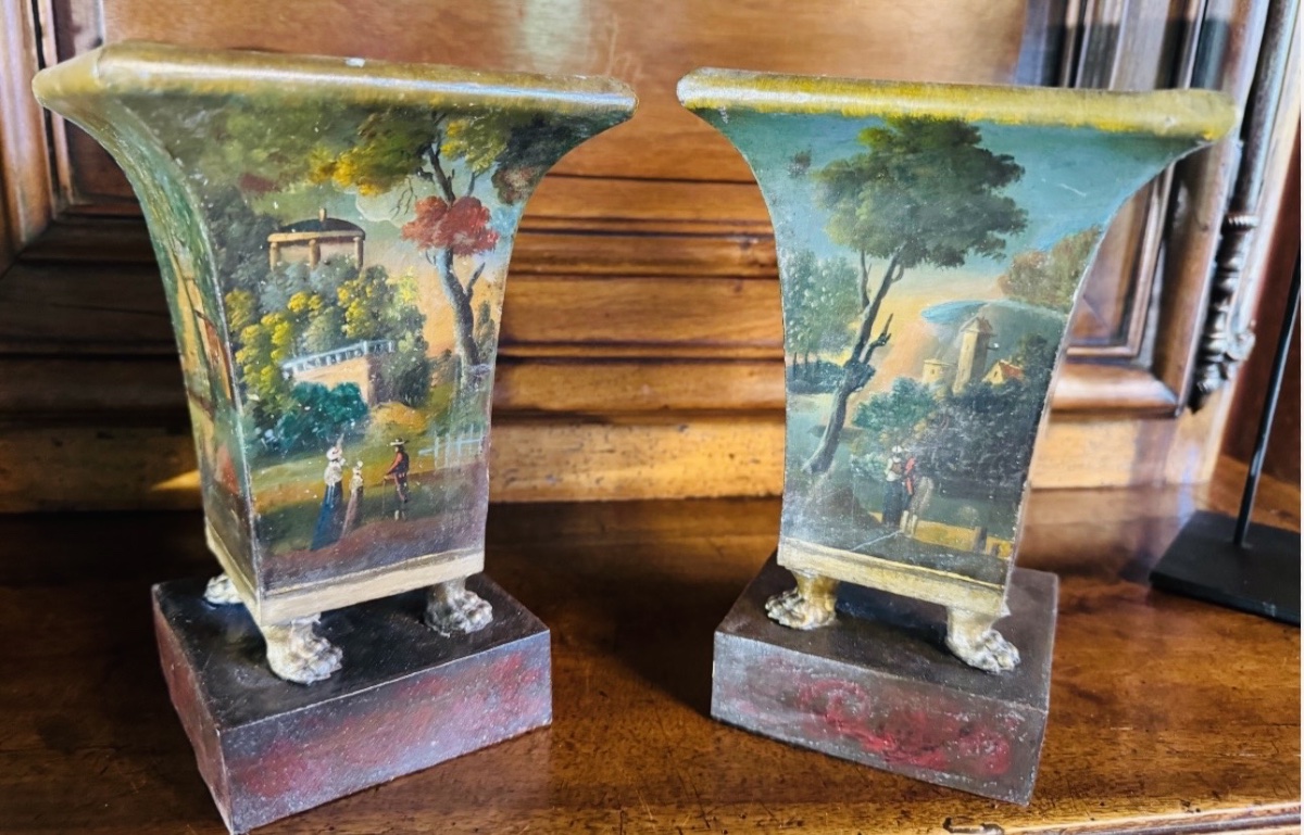 PAIRE DE VASES CORNETS EN TÔLE PEINTE DU XIX EME SIÈCLE-photo-7