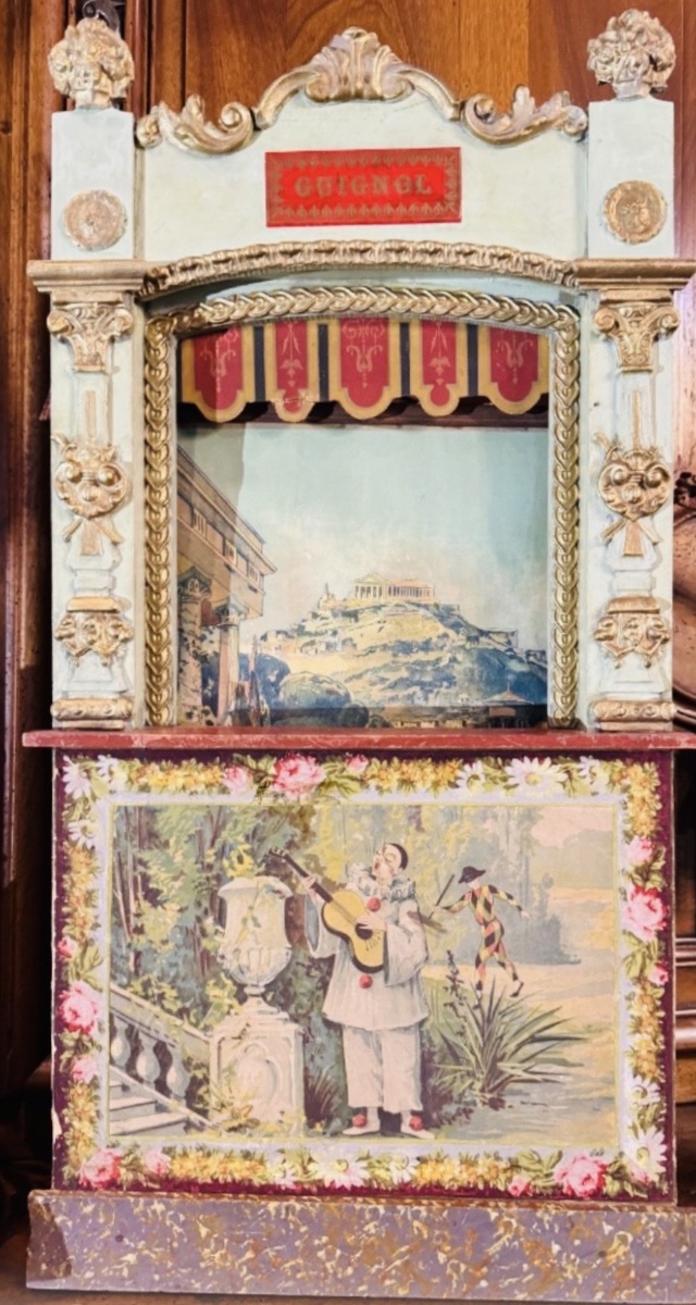 THÉÂTRE DE GUIGNOL ANCIEN EN BOIS PEINT ET DORÉ, AVEC TROIS MARIONNETTES - VERS 1900-photo-6