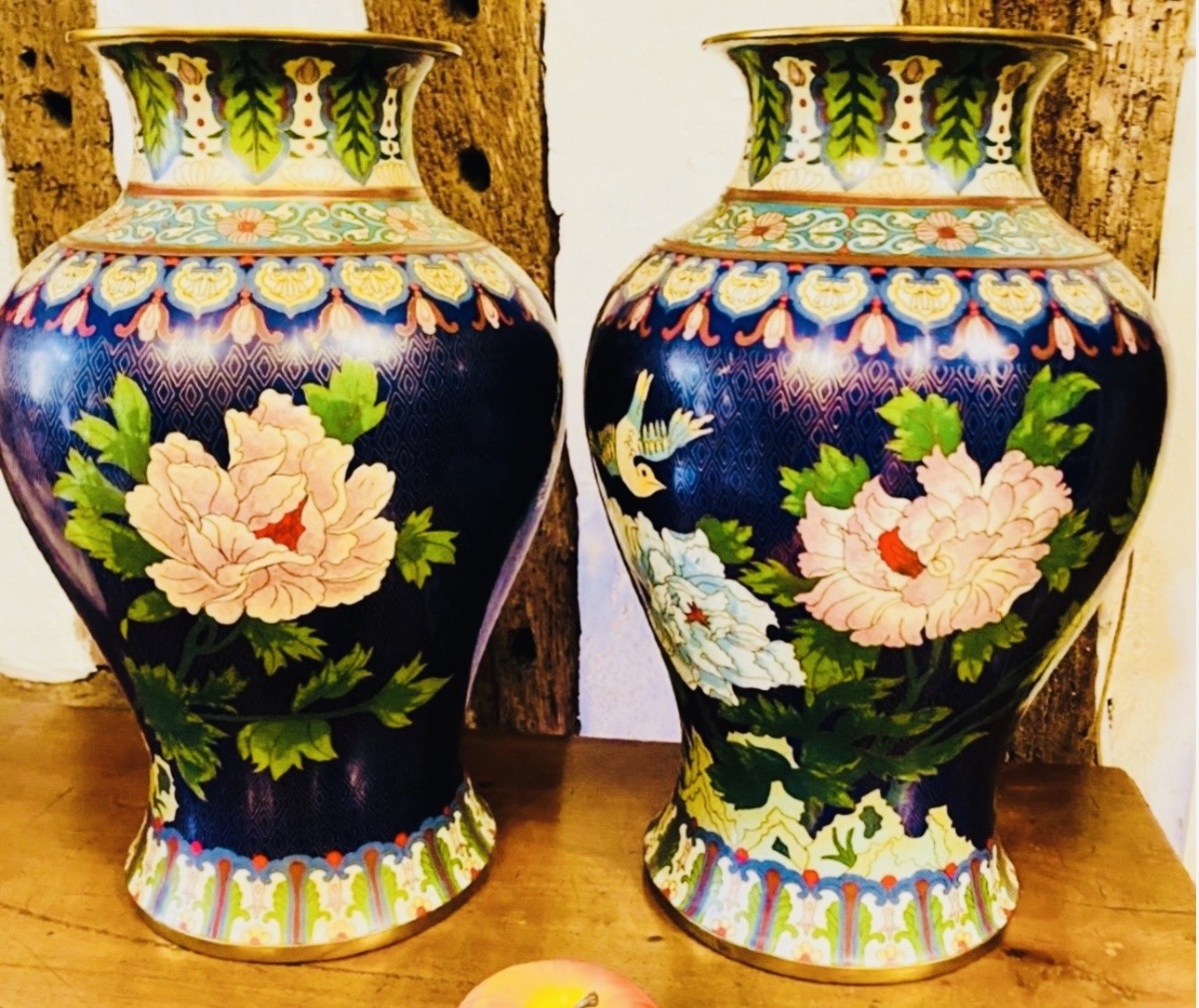 Large Pair Of Chinese Cloisonné Enamel Vases Depicting Peonies And Birds – First Half Of The -photo-2
