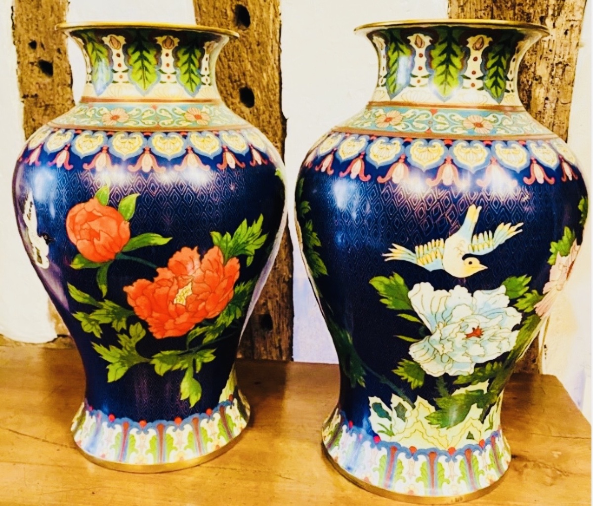 Large Pair Of Chinese Cloisonné Enamel Vases Depicting Peonies And Birds – First Half Of The -photo-4
