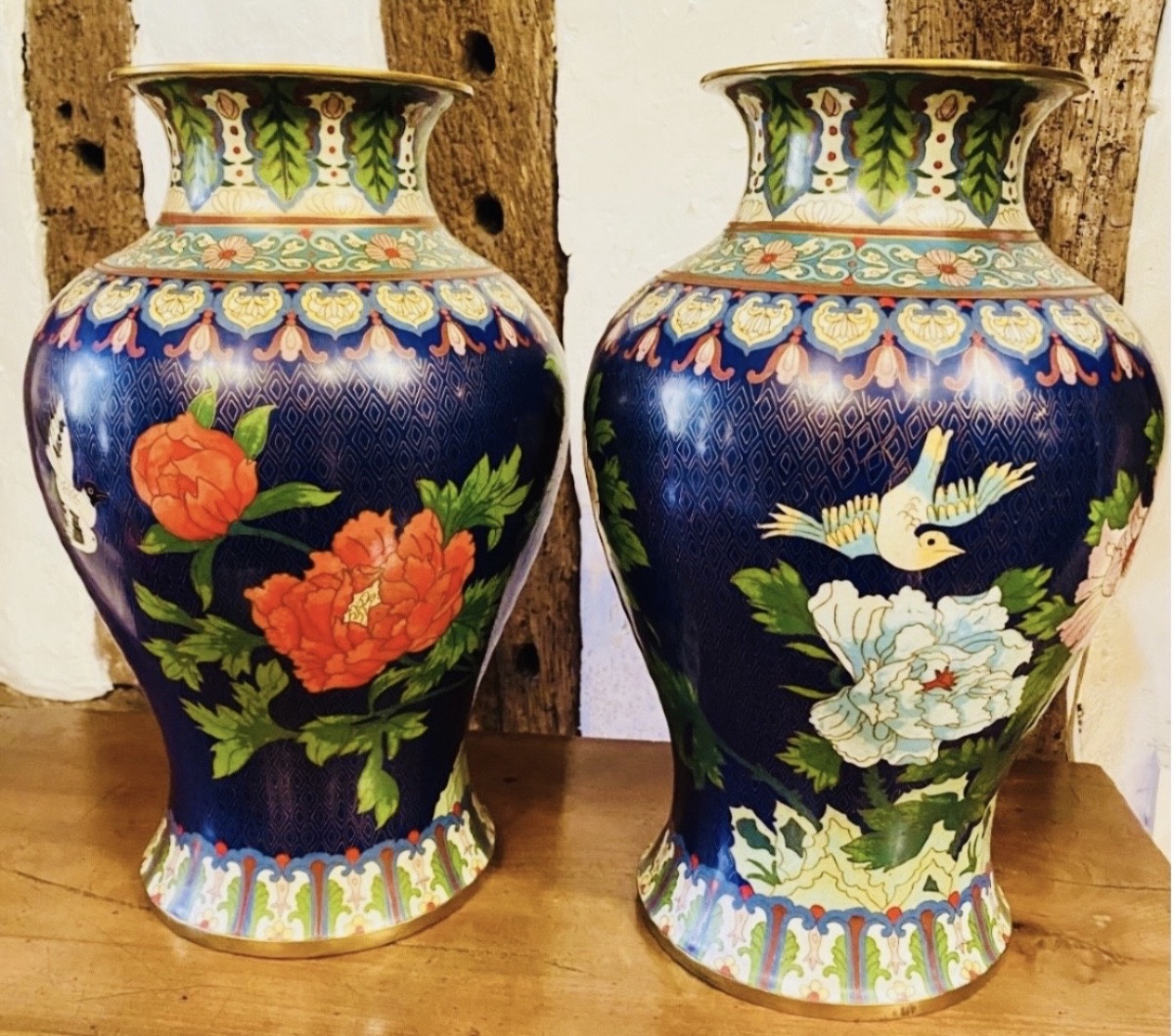 Large Pair Of Chinese Cloisonné Enamel Vases Depicting Peonies And Birds – First Half Of The -photo-5