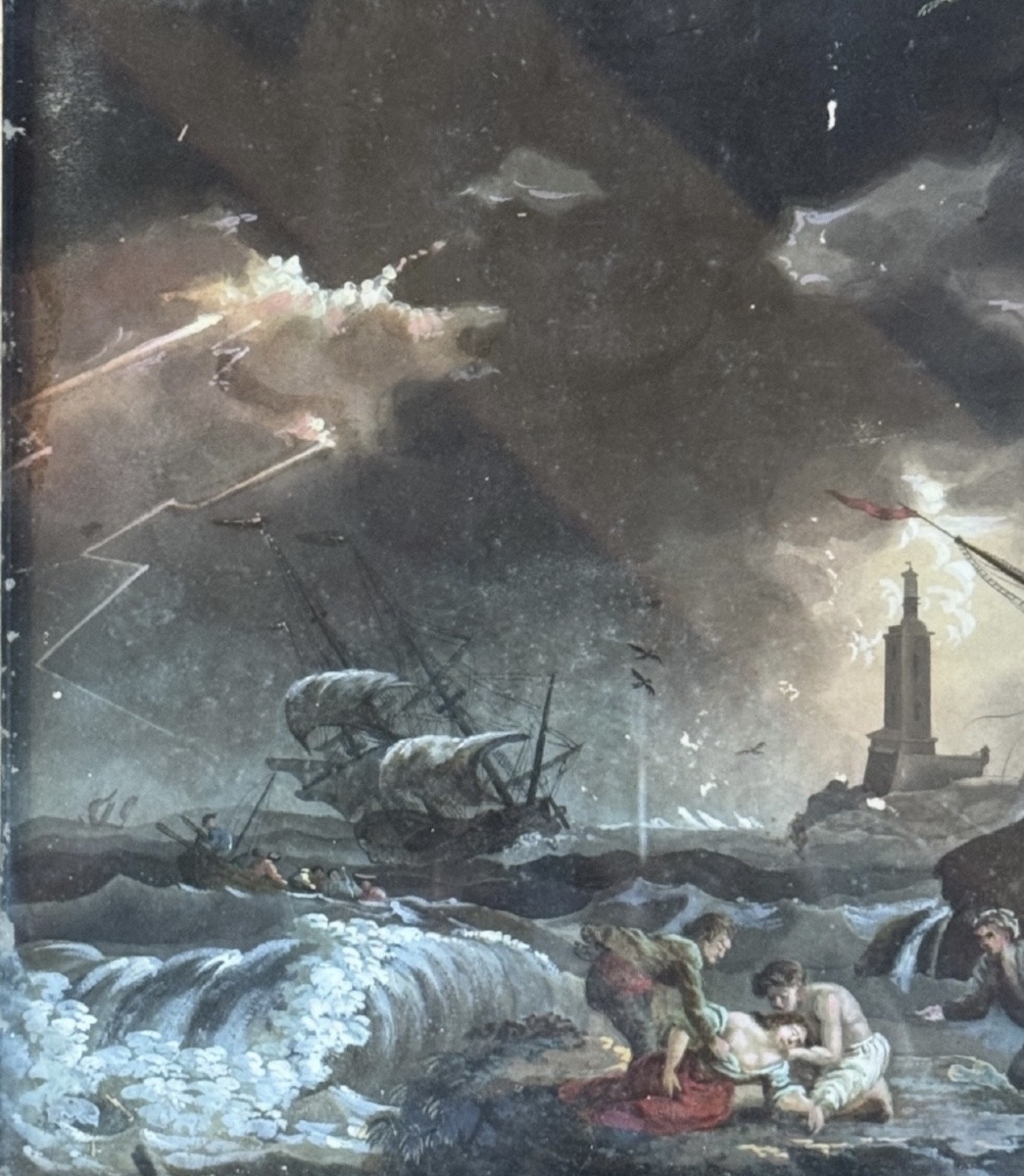 Shipwreck Scene, Late 18th-century Goache, In The Style Of Horace Vernet-photo-1