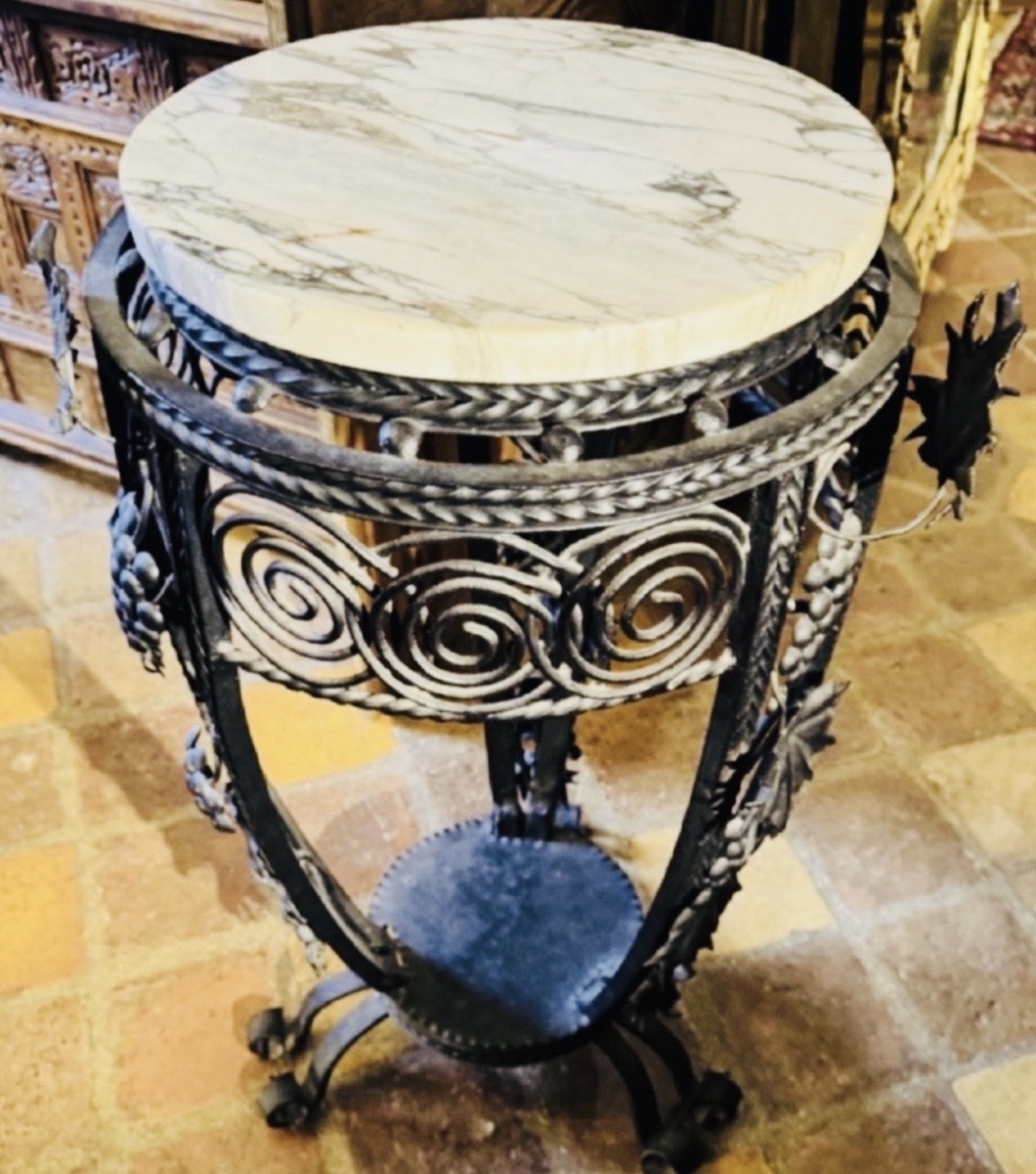 Elegant Wrought-iron Tripod Side Table With Rich Naturalistic Decoration Featuring Grape Clusters And Leaves