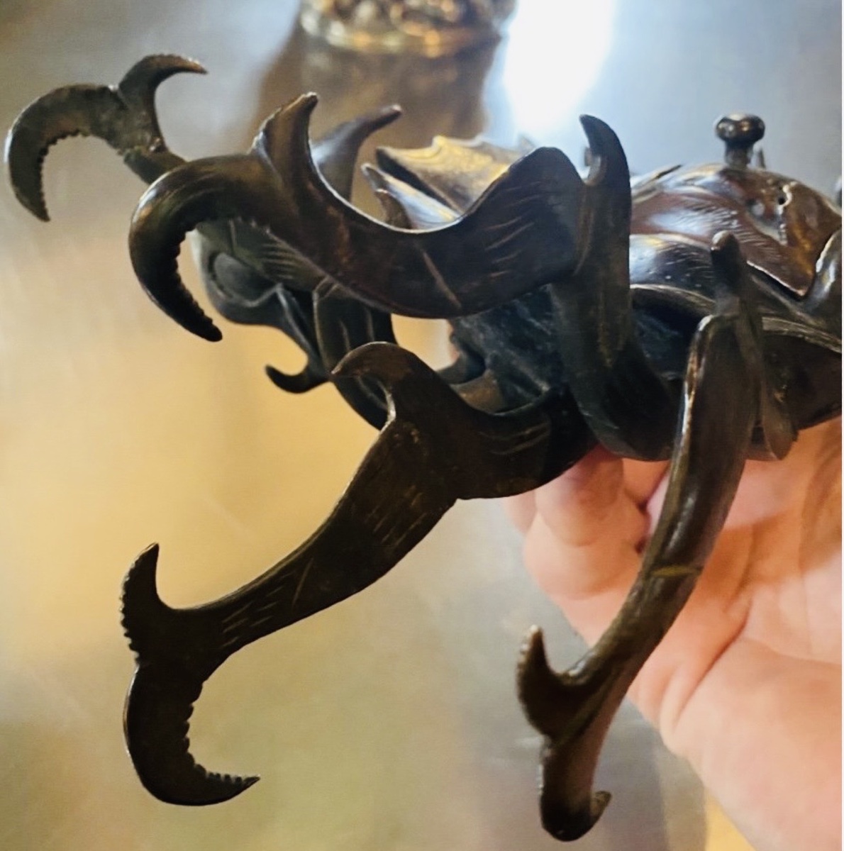 Large Japanese Bronze Incense Burner In The Shape Of A Crab - Brown Patina-photo-2