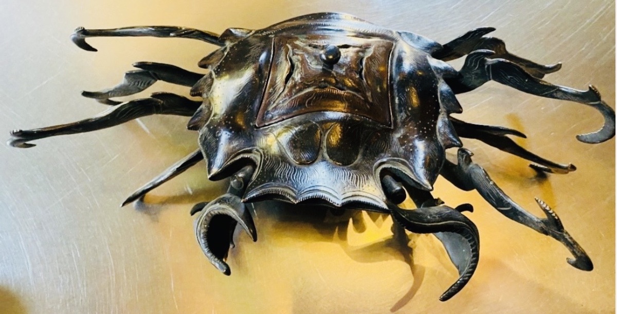 Large Japanese Bronze Incense Burner In The Shape Of A Crab - Brown Patina-photo-3